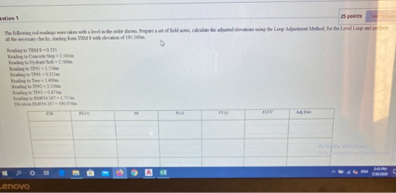 estion 1 25 points So Answer The following rod readings were taken with a level in the order shown. Prepare a set of field st