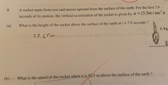 A rocket starts from rest and moves upward from the surface of the earth. For the first 7.9 seconds of its motion, the vertic