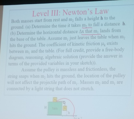 Level III: Newtons Law Both masses start from rest and m, falls a height h to the ground. (a) Determine the time it takes m,