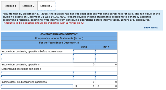 Required 1 Required 2 Required 3 Assume that by December 31, 2018, the division had not yet been sold but was considered held