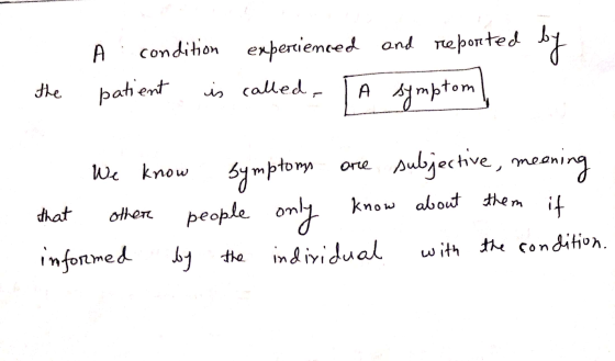 condition experienced and reported by A symptom the patient is called , ore subjective, meening if We know symptoms that othe