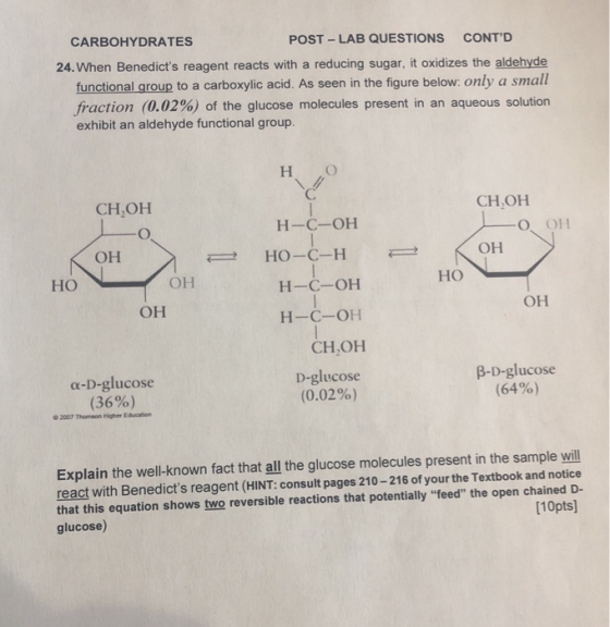 CARBOHYDRATES POST-LAB QUESTIONS CONTD 24. When Benedicts reagent reacts with a reducing sugar, it oxidizes the aldehyde fu