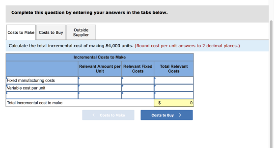 Complete this question by entering your answers in the tabs below. Costs to Make Costs to Buy Outside Supplier Calculate the