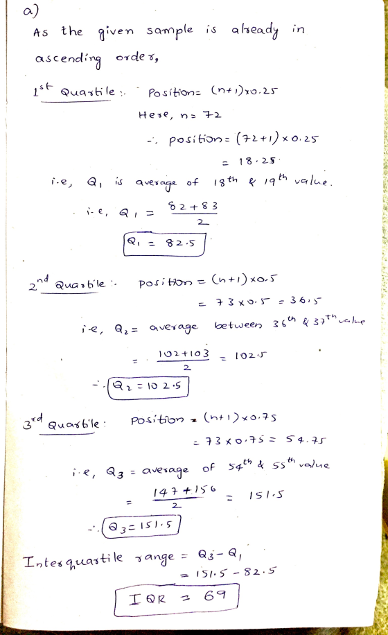 a) the given sample is already in ascending order, ist Quartile : Position= (n+1)x0.25 Here, ne 72 -; position: (72+1)x0.25 1