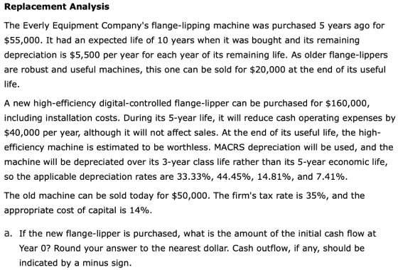Replacement Analysis The Everly Equipment Companys flange-lipping machine was purchased 5 years ago for $55,000. It had an e