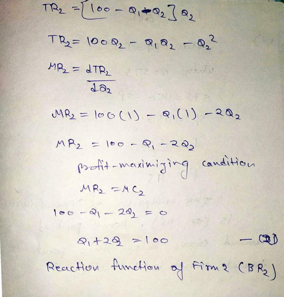 The ={100 - 21+22] Q2 TR= 1000 - 2,2₂ – Q² MR = dTR₂ Laz MR2 = 100 (1) - Qi(1) -2Q2 MR2 = 100-Q, -209 profit-maximizing condi