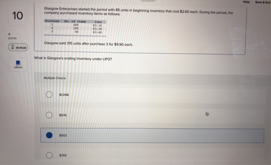 Help Save & Exit Glasgow Enterprises started the period with 85 units in beginning inventory that cost $2.60 each. During the
