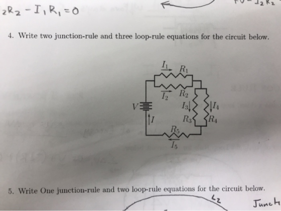 FU12 R2 zRz-I, R,=0 4. Write two junction-rule and three loop-rule equations for the circuit below. V 5. Write One junction-r