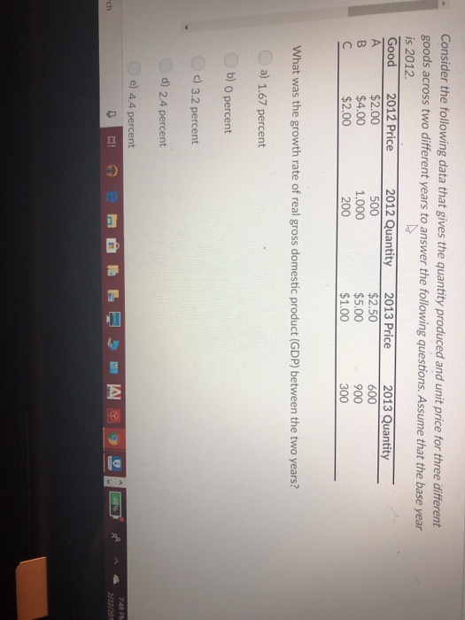 Consider the following data that gives the quantity produced and unit price for three different goods across two different ye