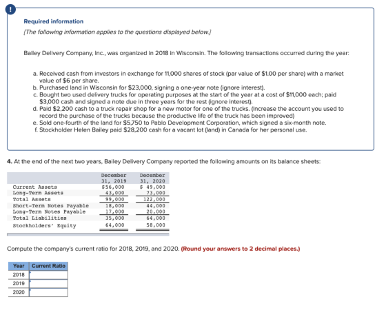 Required information [The following information applies to the questions displayed below.] Bailey Delivery Company, Inc., was