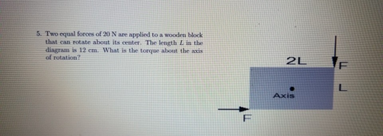 5. Two equal forces of 20 N are applied to a wooden block that can rotate about its center. The length L in the diagram is 12