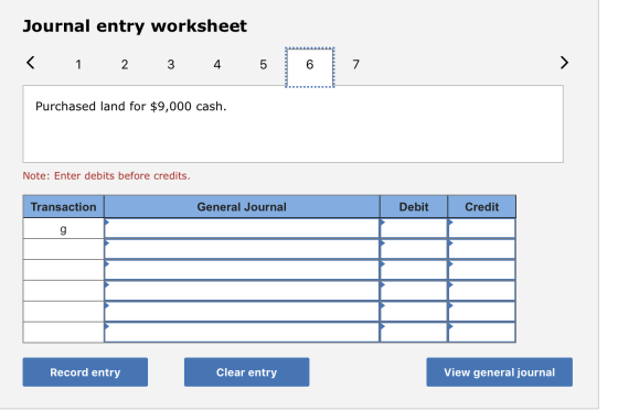 Journal entry worksheet 1 2 3 4 6. Purchased land for $9,000 cash. Note: Enter debits before credits. Transaction General Jou