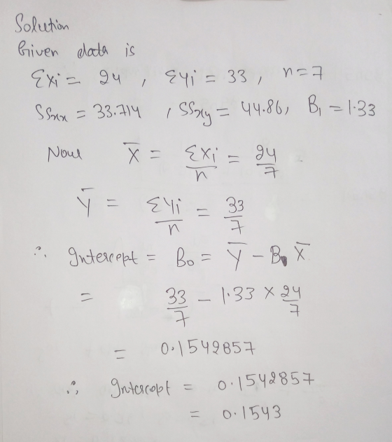 Solution Given data is Exi= gu Soon 33.714 Eyi = 33, n= iSSay = 44.86, B, = 1:33 = Noul x= {xi = gul h Y n Intercept Ey 33 ㅋ