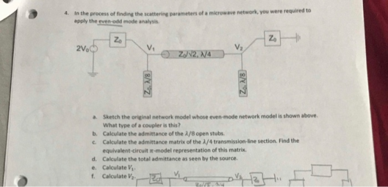 In the process of finding the scattering parameters of a microwave network, you were required to apply the even-odd mode anal