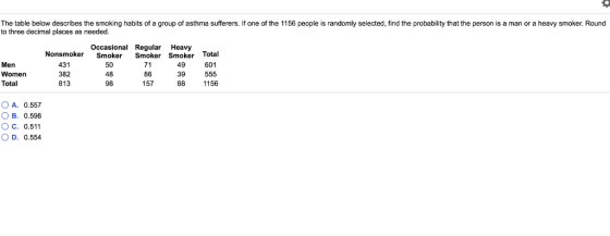 The table below describes the smoking habits of a group of asthma sufferers. If one of the 1156 people is randomly selected, find the probability that the person is a man or a heavy smoker. Round to three decimal places as needed Occasional Regular Heavy Smoker Smoker Smoker Total 601 Nonsmoker 431 382 813 Men Women Total 50 48 98 71 86 157 49 39 1156 OA, 0.557 O B. 0.596 O c. 0.511 O D. 0.554