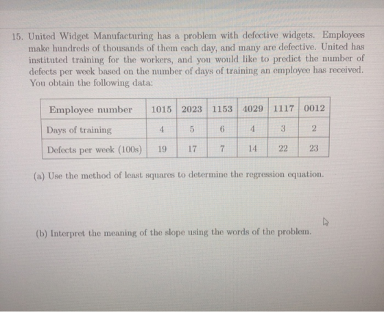 15. United Widget Manufacturing has a problem with defective widgets. Employees make hundreds of thousands of them each day,