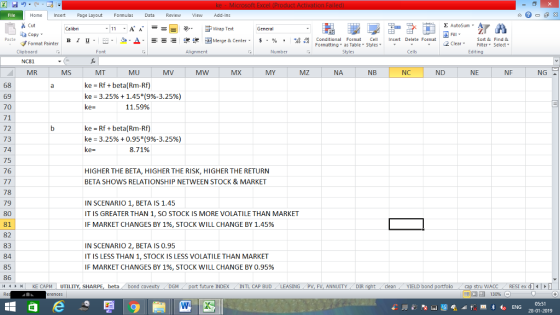 Home nert Page Layout Formulas Data Review View dd-Ins Cut Σ AutoSum ー E ゴWrap Text aCopy в 1 프 . Ej-., Δ. : rーー 逻锂函Merge & Center. $, % , 弼,8 Conditional Format eCell Insert Delete Format Paste Sort &Find & Format Painter Formatting as Table Styles2 Clear Clipboard Font Alignment Number Cells Edting NC81 MS MT ke Rf+ beta(Rm-Rf) ke = 3.25% + 1.45*(996-3.25%) MR MU MW MX MY Mz NA NB NC ND NE NF NG 68 69 70 71 72 73 74 75 76 11.59% ke -Rf+beta(Rm-Rf) ke-3.25% + 0.95*(996-3.25%) 8.71% HIGHER THE BETA, HIGHER THE RISK, HIGHER THE RETURN BETA SHOWS RELATIONSHIP NETWEEN STOCK & MARKET 78 79 80 81 82 83 84 85 86 4 KE CAPM UTILITY, SHARPE, beta bond IN SCENARIO 1, BETA IS 1.45 IT IS GREATER THAN 1, SO STOCK IS MORE VOLATILE THAN MARKET IF MARKET CHANGES BY 1%, STOCK WILL CHANGE BY 1.45% IN SCENARIO 2, BETA IS 0.95 IT IS LESS THAN 1, STOCK IS LESS VOLATILE THAN MARKET IF MARKET CHANGES BY 1%, STOCK WILL CHANGE BY 0.95% future INDEX INTL CAP BUDLEASING PV, FV, ANNUITYDIR cleanYIELD bond tru WACC RESI ex d 福 130% 05:51