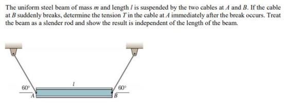 The uniform steel beam of mass m and length is suspended by the two cables at A and B. If the cable at B suddenly breaks, determine the tension Tin the cable at A immediately after the break occurs. Treat the beam as a slender rod and show the result is independent of the length of the beam. 60° 60°