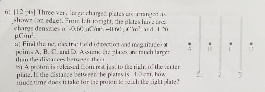 6) [12 pts Three very large charged plates are arranged as shown (on edge). From left to right, the plates have area charge d