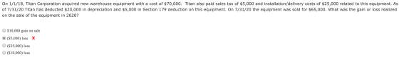 On 1/1/18, Titan Corporation acquired new warehouse equipment with a cost of $70,000. Titan also paid sales tax of $5,000 and