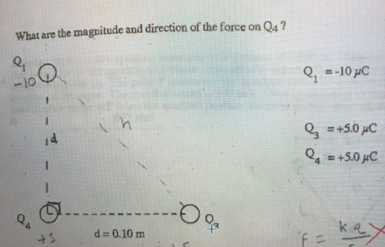 What are the magnitude and direction of the force on Q4 ? 20 Q, --10 MC g = +5.0 MC la = +5.00 -0% d = 0.10 m - kay