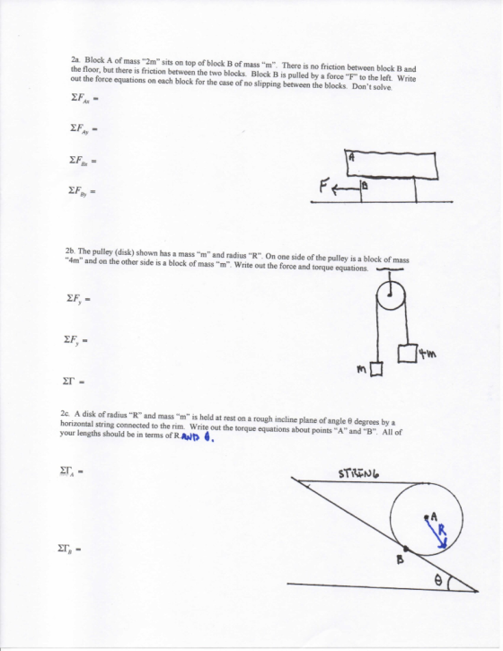 2a. Block A of mass 2m sits on top of block B of mass m. There is no friction between block B and the floor, but there is