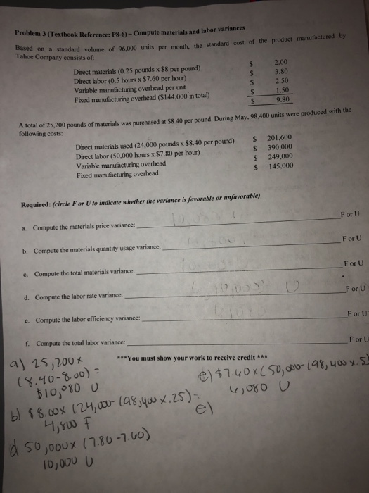 oblem 3 (Textbook Reference: 8-6-Compute materials and labor variances Based on a standard volume Tahoe Company consists of: