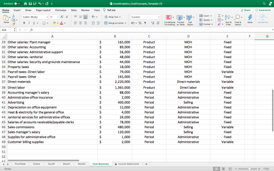 AutoSave OFF Esu = ExcelAnalytics_CostConcepts_Template (1) Home Insert Draw Page Layout Formulas Data Review View Tell me Sh
