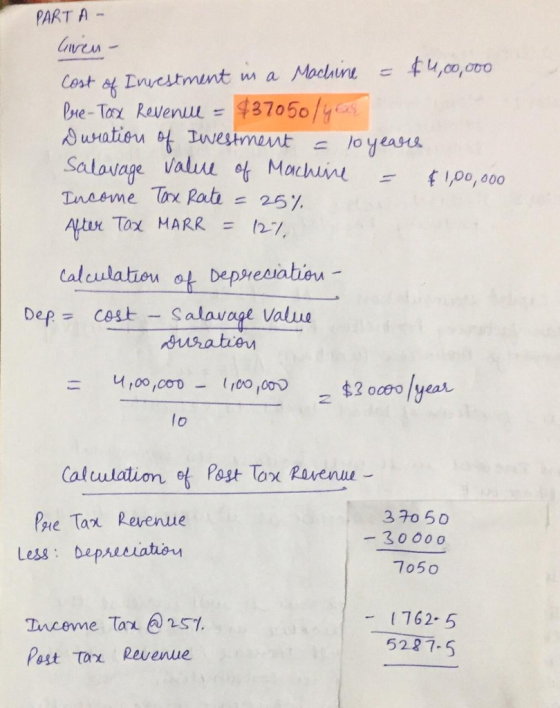 PART A - pHe-TMX Revenu 437050 Salovage Valni at Maddin = 00,000 Tox MARR 127. alculatou epesabieu DepCot -Salavogt Value 00,corD 00 lo Caluulation of Post Tax Ravenu Poe Taχ Revenue Less: bepresiatior 2 70 50 -3000 o 705o -762- 5 5287-5 Pest tar Revenue