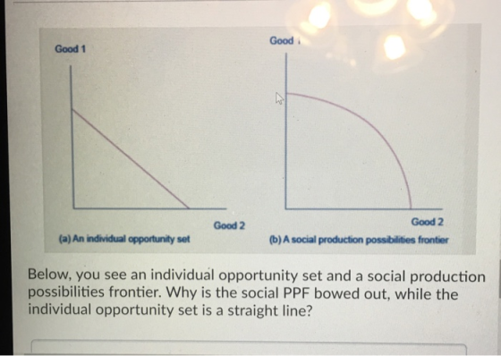 Good Good 1 Good 2 Good 2 (a) An individual opportunity set (b) A social production possibilities frontier Below, you see an individual opportunity set and a social production possibilities frontier. Why is the social PPF bowed out, while the individual opportunity set is a straight line?