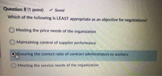 Question 8 (1 point) Saved Which of the following is LEAST appropriate as an objective for negotiations? Meeting the price ne