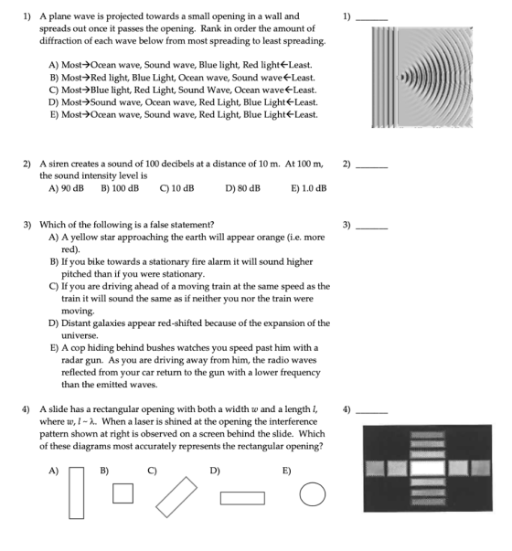 1) 1) A plane wave is projected towards a small opening in a wall and spreads out once it passes the opening. Rank in order t