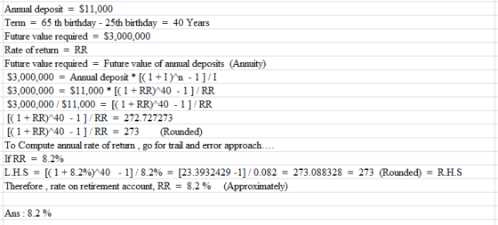 Annual depositS11,000 Term - 65 th birthday - 25th birthday - 40 Years Future value required- S3,000,000 Rate of return - RR Future value requiredFuture value of annual deposits (Annuity) 3,000,000-Annual deposit 1+In -11/I S3,000,000 S11,000(1 RR) 40 -1] /RR S3,000,000 / S11.000+RR)40 -1]/RR 1+RR 40 -1/RR 272.727273 (1+ RR 40 -1]/RR-273 (Rounded) To Compute annual rate of return, go for trail and error approach. IfRR 8.290 L.H.S = [(1 +8.2%)40-1] / 8.2% = [23.3932429-1] / 0.082 = 273.088328 = 273 (Rounded) = R.H.S Therefore, rate on retirement account. RR-8.2 % (Approximately) Ans : 8.2 %