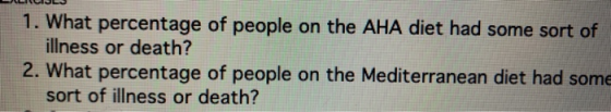 1. What percentage of people on the AHA diet had some sort of illness or death? 2. What percentage of people on the Mediterra