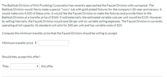 The Bathtub Division of Kirk Plumbing Corporation has recently approached the Faucet Division with a proposal. The Bathtub Di