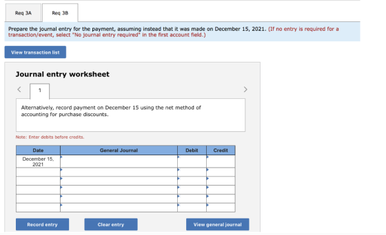 Req ЗА Req 3B Prepare the journal entry for the payment, assuming instead that it was made on December 15, 2021. (If no entry
