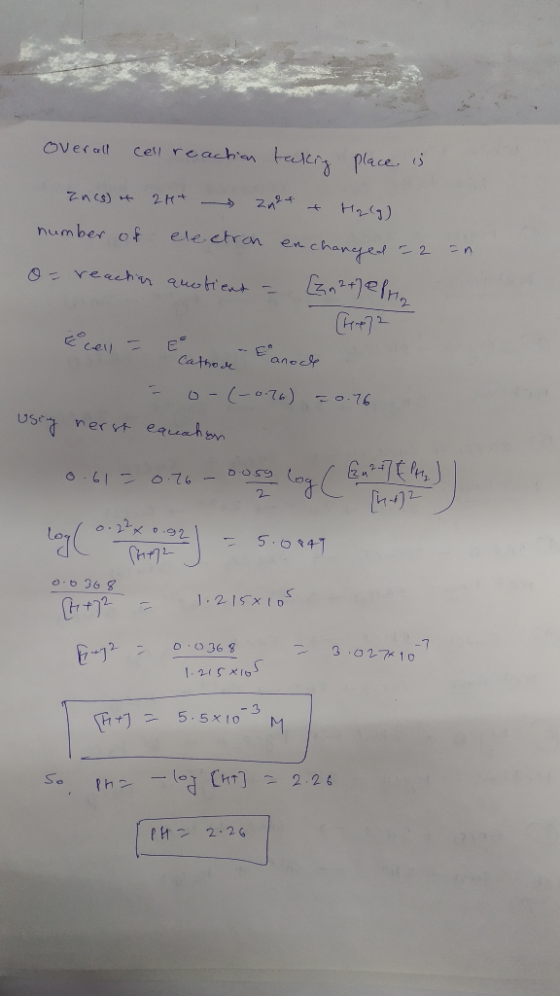 Overall cell reaction taking place is In(s) of 24+ anet & Harg) number of electron enchanged - 2 o= reaction auotient = [n2+]