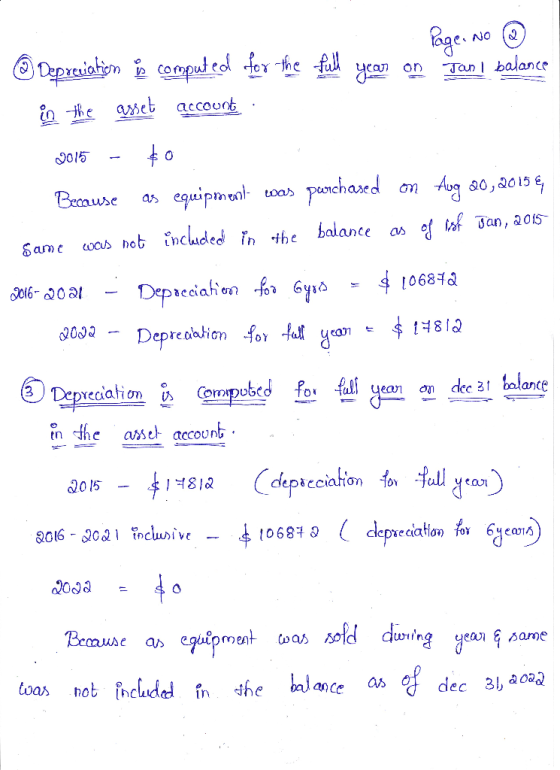 Page No ③ © Depreciation is computed for the full year on Jani balance in the asset account : 2015 - $0 Because as equipment
