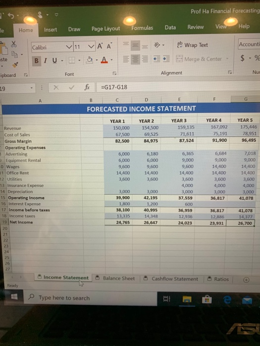 Prof Ha Financial Forecasting Draw Formulas Data Review Page Layout le Home Insert View Help Accounti Calibri v11 VA BIU ·A.