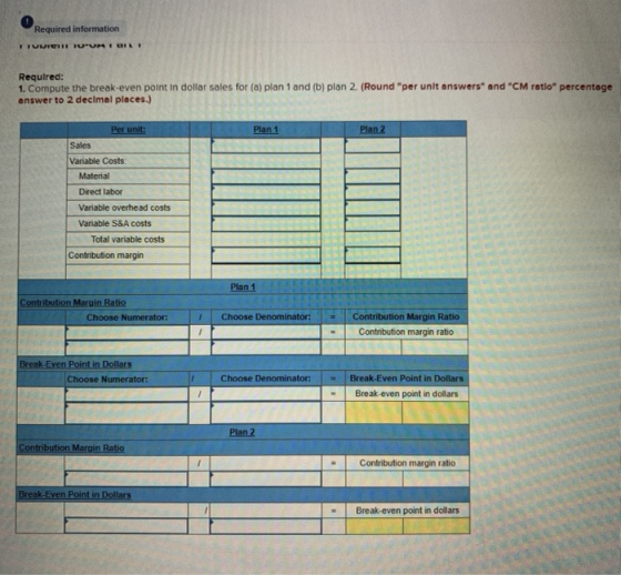 Required information IULIEI! TUUM OIL Required: 1. Compute the break-even point in dollar sales for (a) plan 1 and (b) plan 2