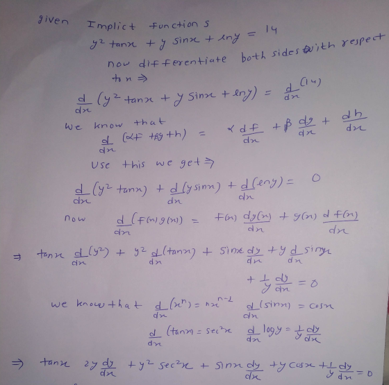 given Implict functions late both sides with respect 2 tank ty sinat eny = now differentiate both sides with ton > d (y2 ta