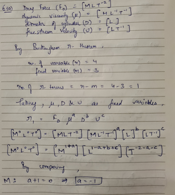 619) diameter of cylinder (0) Drag force (F) = [MLT-2 dynamic viscosity (u) = [ML + ] [L] freestream Velouty (0) = (LT- ] b