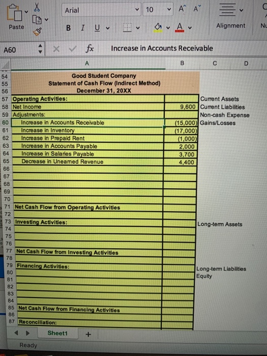X A A 10 Arial A B IU Alignment Nu Paste X f Increase in Accounts Receivable A60 В A Good Student Company Statement of Cash F