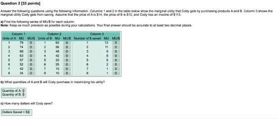 Question 2 [33 points] Answer the following questions using the following information. Columns 1 and 2 in the table below sho