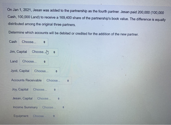 On Jan 1, 2021, Jesan was added to the partnership as the fourth partner. Jesan paid 200,000 (100,000 Cash, 100,000 Land) to