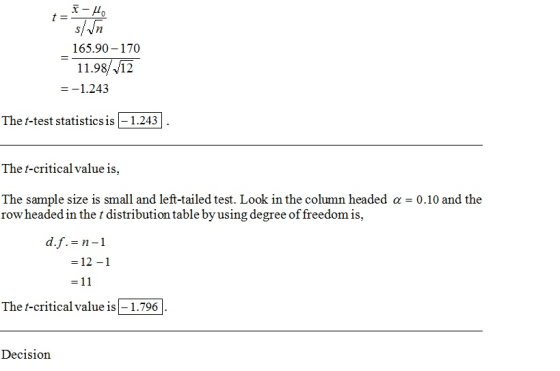 165.90-170 11.98/ v12 1.243 The t-test statistics is -1.243 The t-critical value is, The sample size is small and left-tailed test. Look in the column headed α = 0.10 and the row headed in the t distribution table by using degree of freedom is, d.f.-n-1 -12-1 The t-critical value is-1.796 Decision
