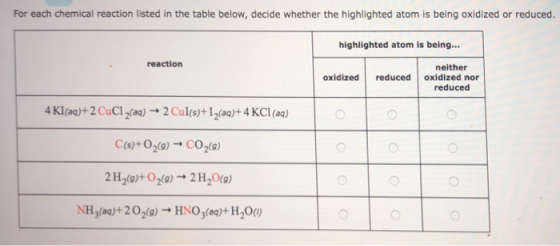 For each chemical reaction listed in the table below, decide whether the highlighted atom is being oxidized or reduced. highl
