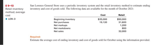 E 9-13 Retail inventory method; average cost • L09-3 San Lorenzo General Store uses a periodic inventory system and the retai