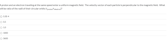 A proton and an electron traveling at the same speed enter a uniform magnetic field. The velocity vector of each particle is