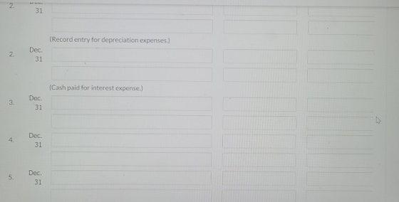 2. 31 (Record entry for depreciation expenses.) 2 Dec. 31 (Cash paid for interest expense.) 3. Dec. 31 4. Dec. 31 5. Dec. 31